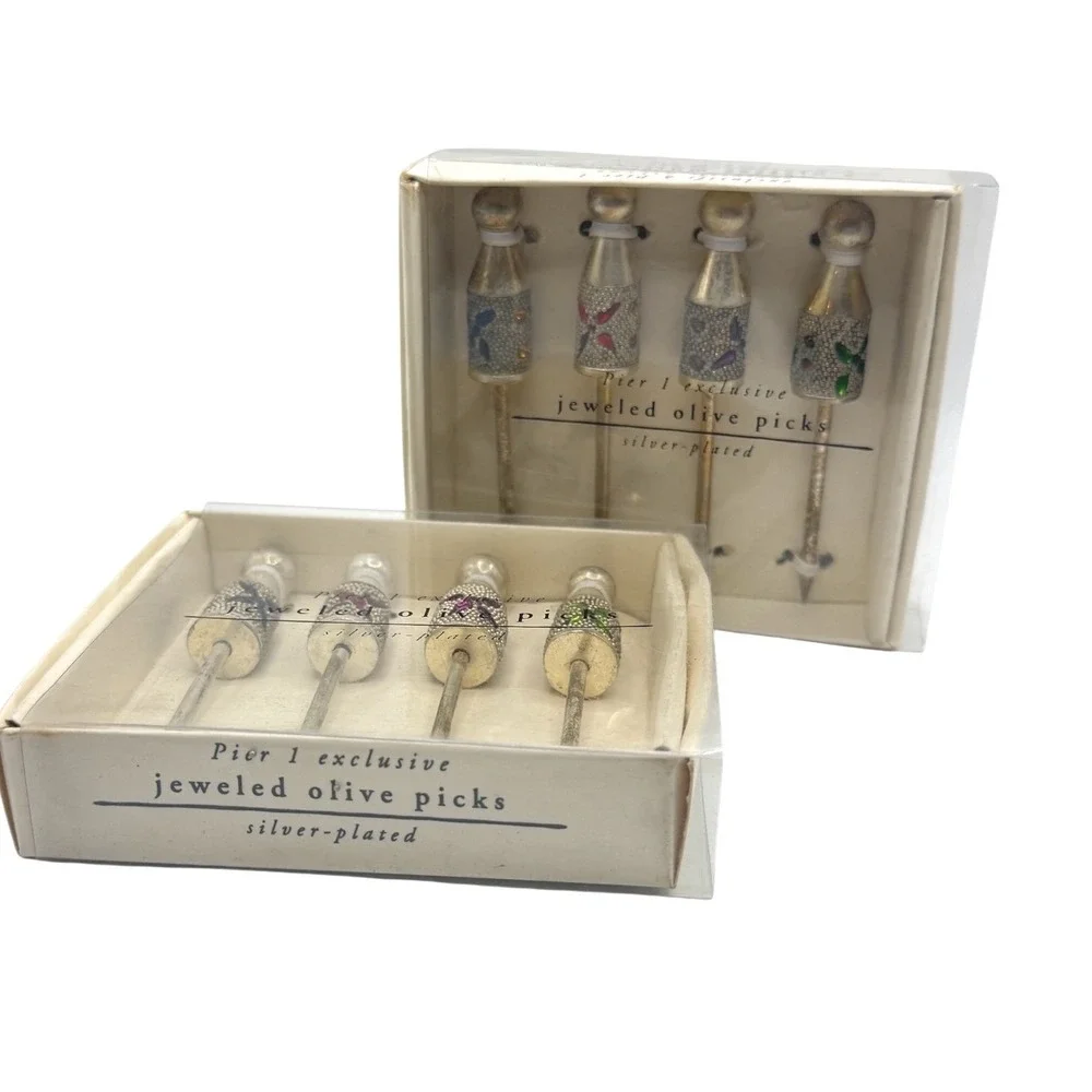 Pier 1 Imports‎ Jeweled Olive Picks Silver Plated 2 Boxes of 4 Cocktail Picks